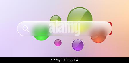 Transparent web button with glass search bar. Page frame design for website ui. Search form with empty blur shape. Glossy interface with 3D geometric Stock Vector