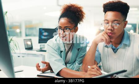 Computer, tablet and teamwork with business people in office for gaming developer, programming render and research. Coding esports prototype, design Stock Photo
