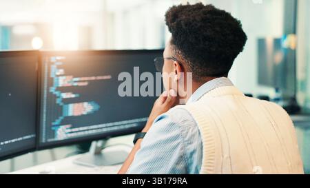 Coding, man and computer screen with thinking in office for programming solution, app development and debugging. Back, coder and data analytics for Stock Photo