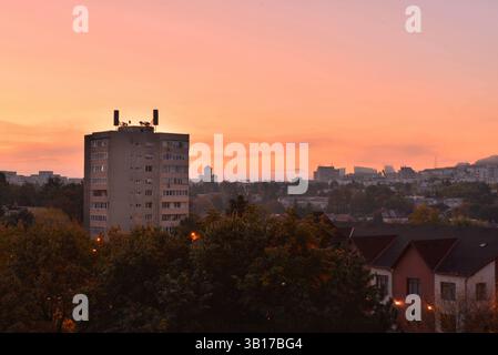 Sunset in the Tudor quarter of Targu Mures Stock Photo