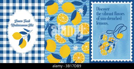 Lemons Poster in Mediterranean style. Vector illustration in flat style of citrus, cut fruits, traditional pattern Stock Vector