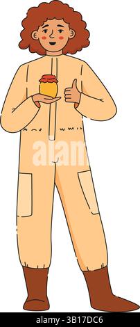 Woman beekeeper in protective suit holding fumigating bee hive with smoke Stock Vector