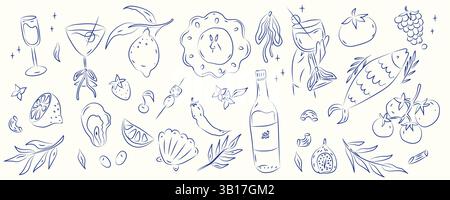 Hand Drawn Mediterranean Food and Drink Doodle Set Blue Line Art Illustration Stock Vector