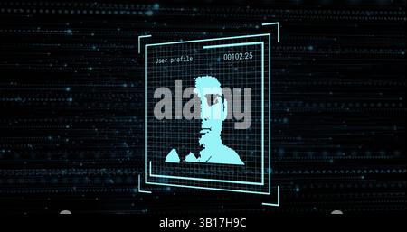Displaying user profile window showing pixelated silhouette in cyber interface, with data streams Stock Photo