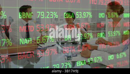 Stock market data processing against group of diverse businesspeople discussing in meeting room Stock Photo