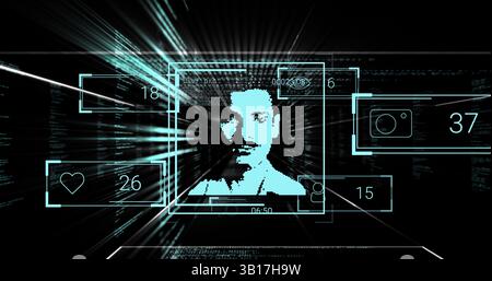 Pixelated male face floating in virtual cyber tunnel, with UI panels showing icons and timer Stock Photo