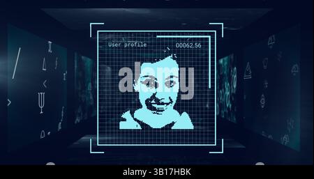 Projecting profile text, cyan face on central holographic display in dark lab, with wall panels Stock Photo