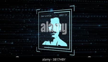 Displaying user profile window showing pixelated male face in interface, with cyan grid and code Stock Photo