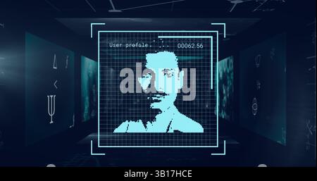 Displaying pixelated male face floating within virtual interface, with grid overlay and code panels Stock Photo