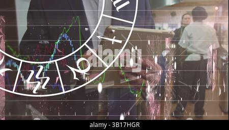 Image of zodiac signs and data processing over diverse business people Stock Photo