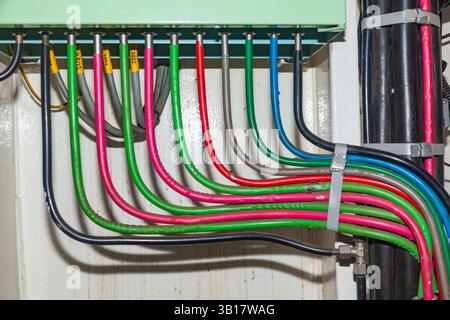 Several powerful electrical cables connected to a junction box. Stock Photo