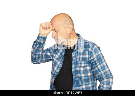a worried man touching his head on a transparent background Stock Photo