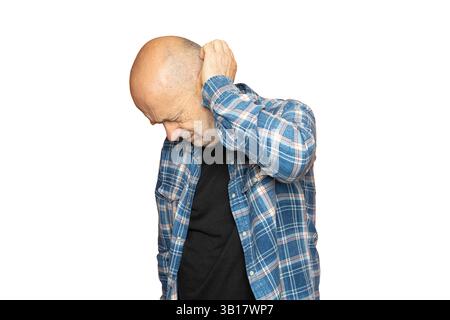 a worried man touching his head on a transparent background Stock Photo