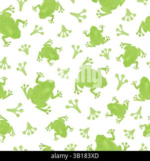 Green Frog and footprints seamess pattern. Vector watercolor illustration Stock Vector