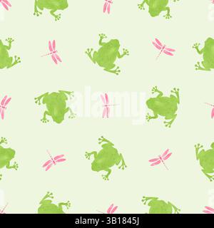 Seamless watercolor frog pattern. Vector background with green frogs and pink dragonflies Stock Vector