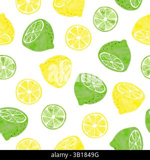 Lemon and lime fruits seamless pattern. Watercolor vector illustration with lemons slices Stock Vector