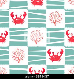 Sea checkered pattern with cute crabs and corals. Vector marine illustration Stock Vector