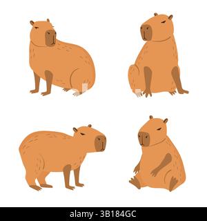 Capybara cute set. Vector capybaras cartoon characters isolated on white Stock Vector