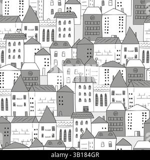 Cityscape seamless pattern. Doodle town background. Vector cartoon illustration with houses Stock Vector