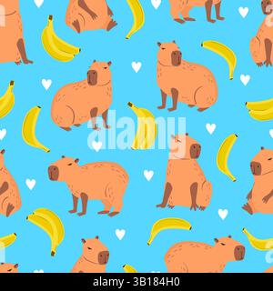 Cute capybaras and bananas seamless pattern. Vector cartoon illustration Stock Vector
