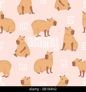Seamless cute capybara pattern. Vector cartoon illustration Stock Vector