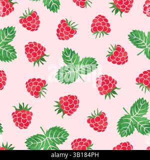Seamless watercolor raspberry pattern. Vector illustration with berries and leaves Stock Vector