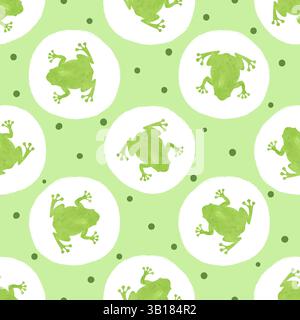 Cute watercolor green frog pattern. Seamless polka dot background Stock Vector
