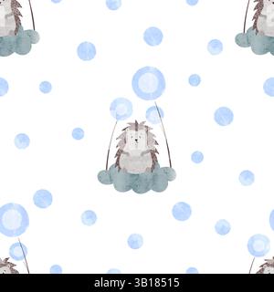 Seamless pattern with cute cartoon hedgehogs on clouds. Vector fairy illustration for kids Stock Vector
