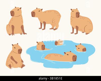 Capybara cute set. Vector illustration of cartoon swimming capybaras Stock Vector
