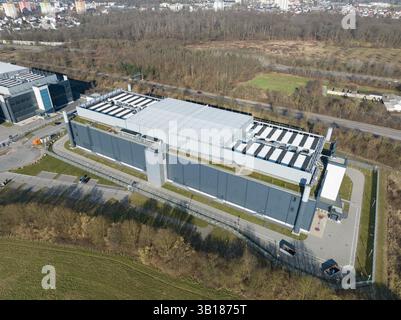 aerial photos of large scale data center, computing center, Germany. Iot, Big data, IT, information technology, digital infrastructure, AI, Artificial Stock Photo
