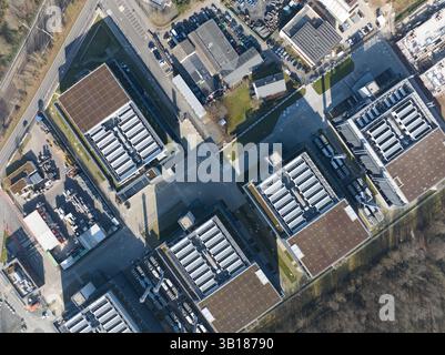 aerial photos of large scale data center, computing center, Germany. Iot, Big data, IT, information technology, digital infrastructure, AI, Artificial Stock Photo