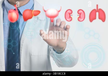 Doctor touching image of human organs on virtual screen against light background Stock Photo