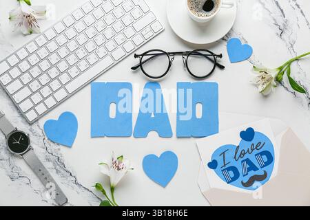 Word DAD with postcard, keyboard and cup of coffee for Father's Day on white grunge background Stock Photo