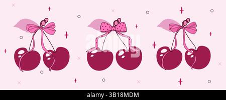Cherries with a ribbon bow in the coquette style. Flat vector illustration. Stock Vector