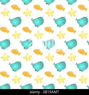 Cute whale and star seamless pattern. Stock Vector