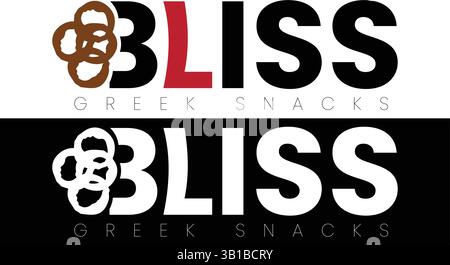 Bliss Greek Snacks Logo Design with Pretzel Icon and Bold Modern Typography Stock Vector