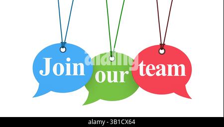 Join our team sign on colorful hanged speech bubbles, job opportunity and business recruitment concept 3D illustration on white background. Stock Photo