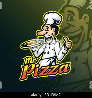 pizza mascot logo design vector with modern illustration concept style for badge, emblem and t shirt printing. smart pizza chef illustration. Stock Vector