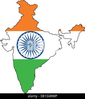 India's map with tricolor national flag and Ashoka Chakra Stock Vector