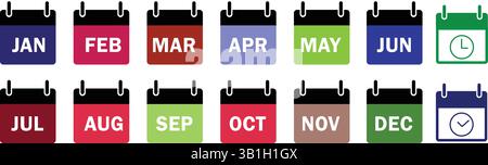 Colorful Calendar Icons for All 12 Months – Flat Vector Design Set Stock Vector
