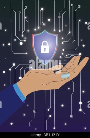 Cybersecurity Concept with Shield and Lock Symbol Stock Vector