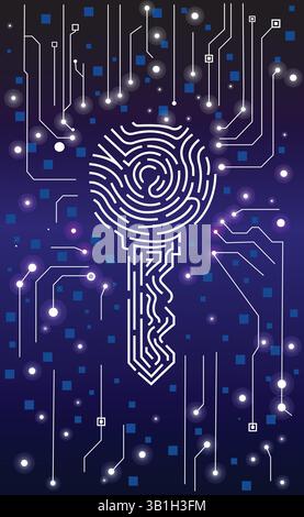 Digital Key with Fingerprint Design Representing Cybersecurity and Data Access Stock Vector