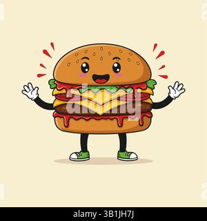 Cute Cheeseburger Cartoon Vector Illustration. Stock Vector
