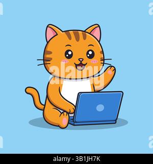 Flat Style Cute Cat Working On Laptop Cartoon Vector Icon Illustration Stock Vector