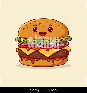 Cute Cheeseburger Cartoon Vector Illustration. Stock Vector