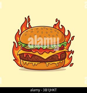 Hamburger with fire flames illustration vector. Cartoon tasty big hamburger with cheese and sesame seeds. Stock Vector