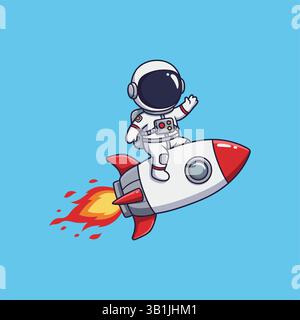 Illustration of Cute Astronaut Riding Rocket With Peace Sign Hand Cartoon Vector Stock Vector