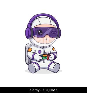Cute Astronaut Playing Game Joystick Cartoon Vector Icon Illustration. Stock Vector