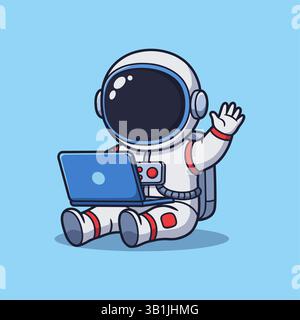 Cute Astronaut Working On Laptop Cartoon Vector Illustration. Stock Vector