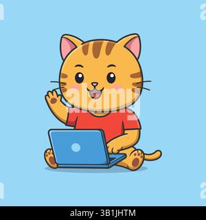 Flat Style Cute Cat Working On Laptop Cartoon Vector Icon Illustration Stock Vector